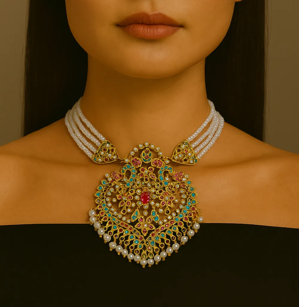 Peacock Necklace with Pearl Strands