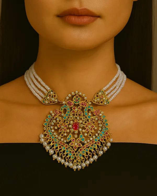 Peacock Necklace with Pearl Strands