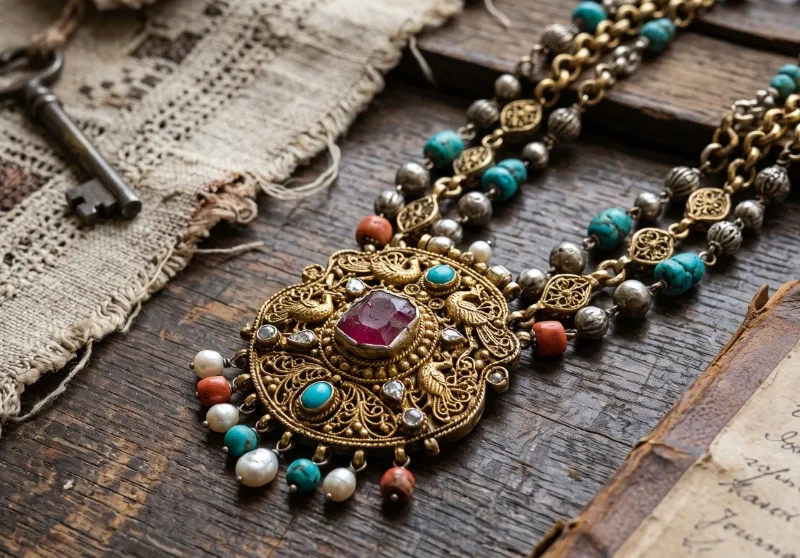 Vintage heirloom jewelry resting on a wooden table